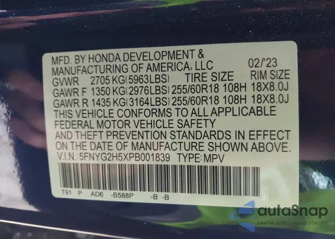 2023 Honda Pilot 2Wd Ex-L 7 Passenger from USA, damaged, VIN 5FNYG2H5XPB001839